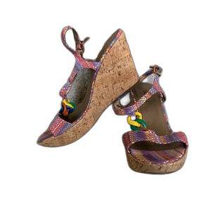 Vaneli Colorful Woven Leather and Cork T-strap Platform Wedge Sandals Size 8.5